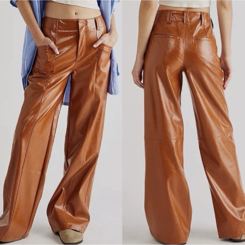 Free People Star Cross Lovers Cognac Brown Vegan Faux Leather Wide Pants NWOT 2